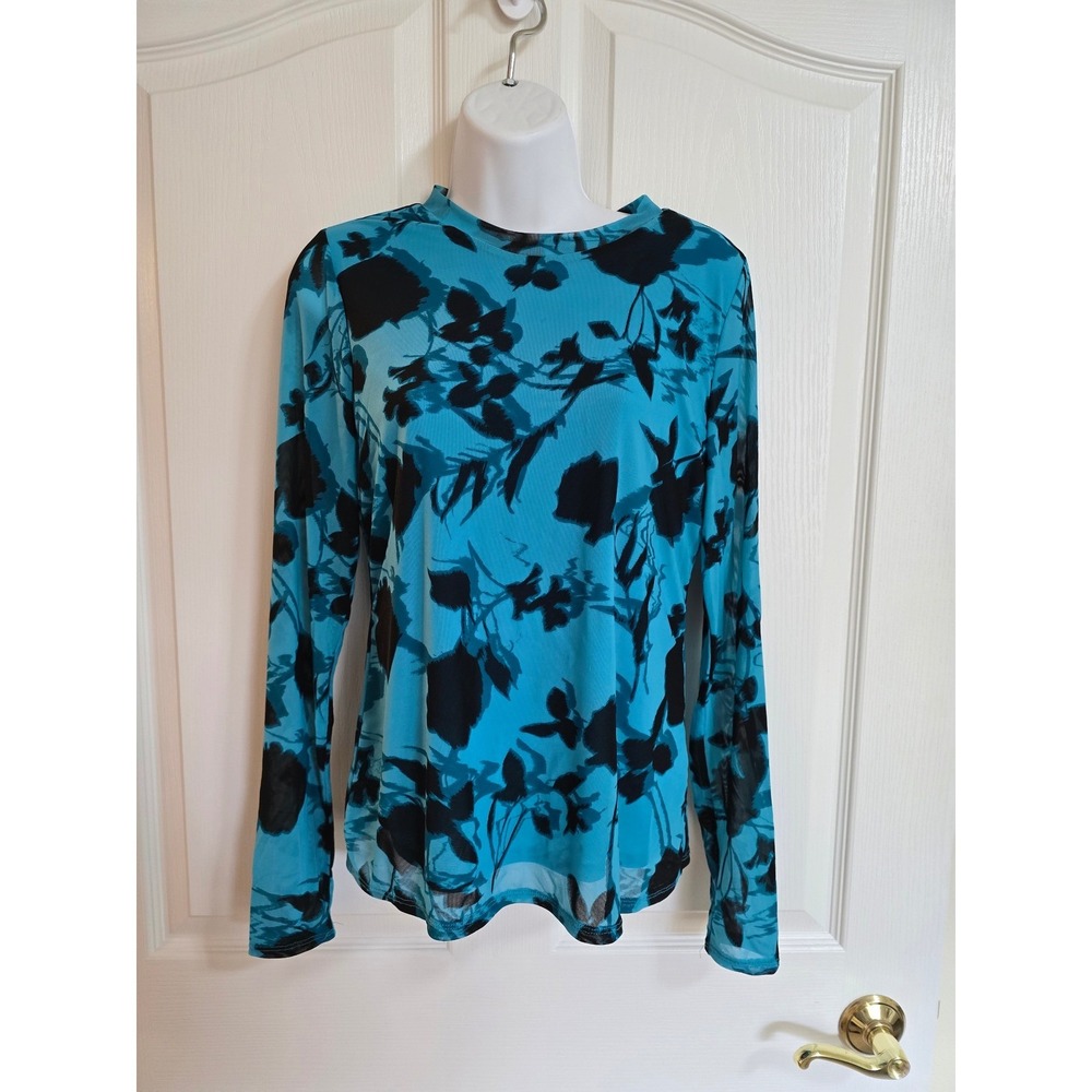 INC International Concepts Teal Black‎ Floral Mesh Long Sleeve Top Shirt S /0207